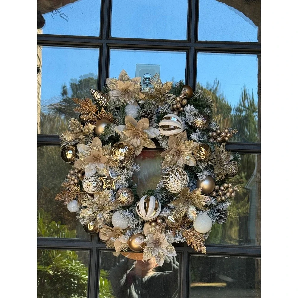 Elegant Gold Christmas Wreath Frosted Pine Poinsettia Ornaments Bells Door Decor